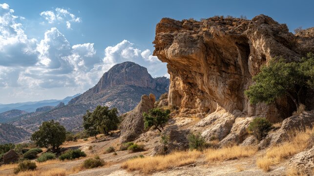 Rock erosion formations with Mount Arabi in Yecla, Murcia, Spain.
