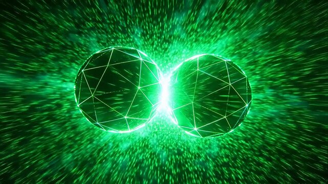 Two connected green glowing polyhedrons with particles and radial light rays on dark background