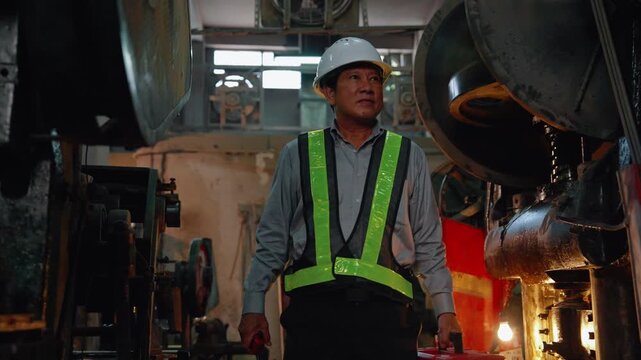 Senior factory supervisor wearing safety vest and helmet standing inside industrial manufacturing facility holding toolbox and inspection tools. Industrial safety, engineering supervision, and factory