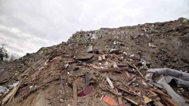 Landfill. Wood processing. Recycling. Ecology. Large mountains of bulk wood biomass. Wood recycling and processing.