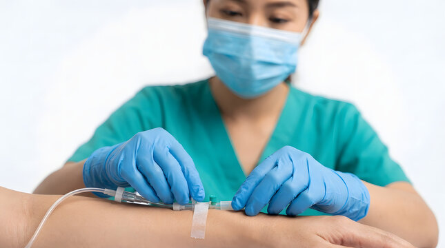Female nurse applying tape to secure IV catheter on patient arm, isolated on white background