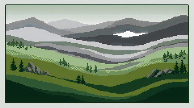 Pixel art village scene with green hills and dark stormy sky background
