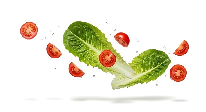 Fresh lettuce leaves and tomatoes falling.