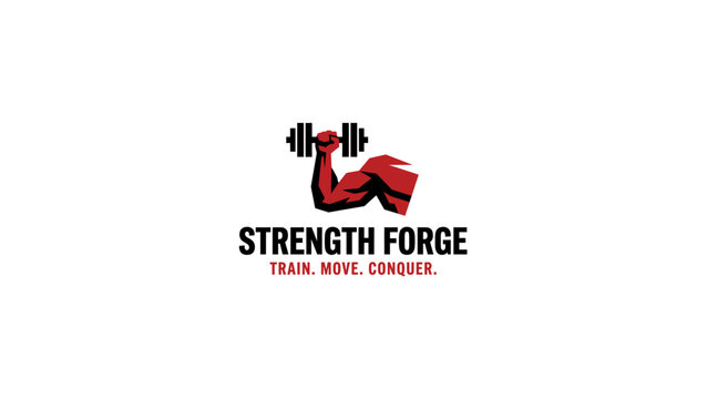 Strength Forge Fitness Gym Logo with Muscular Arm and Dumbbell