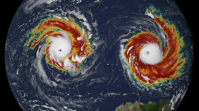 Satellite view of two powerful hurricanes with swirling clouds over the ocean during storm season