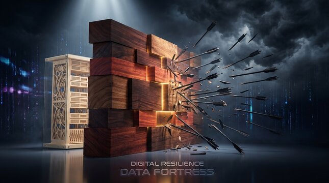 Network firewall concept with a wooden barrier deflecting arrows protecting server racks under a stormy sky
16:9