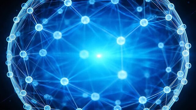 Blue spherical network structure with connected nodes and lines on dark background