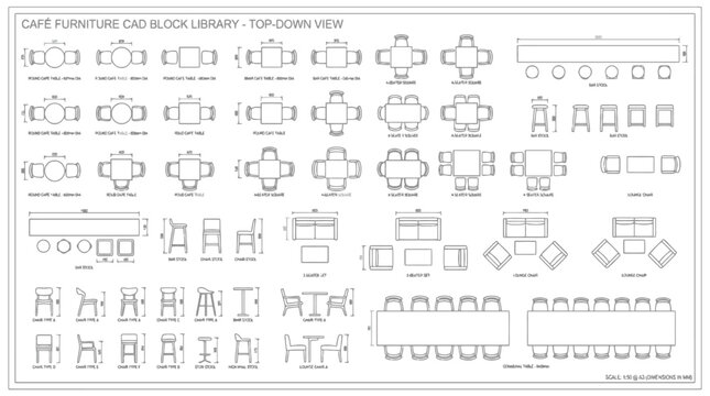 CAD block library of cafe furniture and seating arrangements in top-down view CAD block furniture library