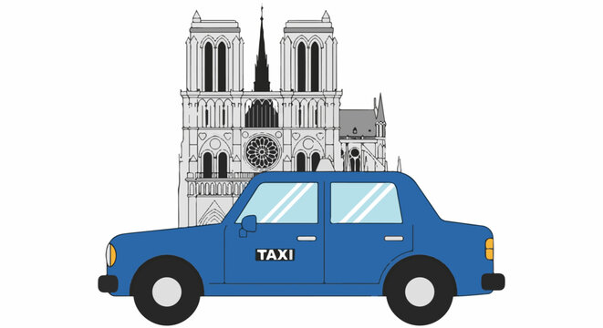 Blue taxi in front of iconic cathedral landmark
