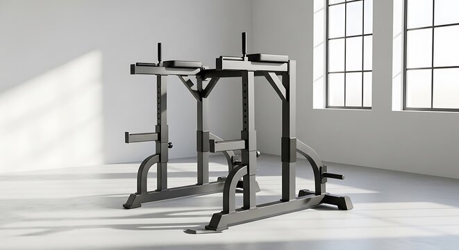 Gym power rack for weightlifting and strength training in a studio. dip station setup 