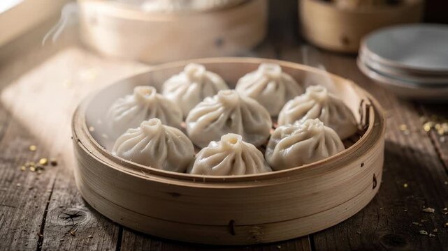 Steaming hot dumplings in traditional bamboo basket served on rustic wooden table