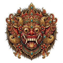 Fototapeta premium Balinese Barong Mask Detailed Illustration, Sacred Protective Spirit with Gold Ornaments and Turquoise Jewels, White Background