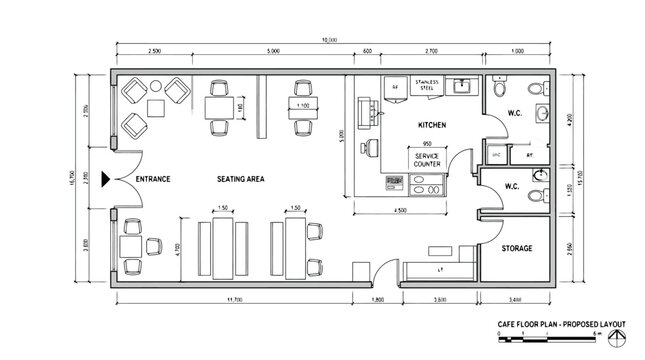 Cafe Floor Plan Proposed Layout with Seating Area Kitchen Service Counter and W Cs architectural drawing