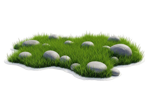 A patch of vibrant green grass with scattered smooth grey river stones, isolated on a solid black background, for easy compositing