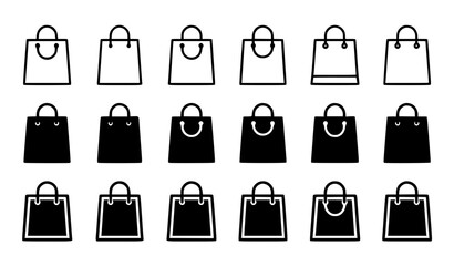 Minimalist black vector illustration set of shopping bags, various elegant designs including outlined shopping bags, solid black filled bags, different handle styles, paper bags, retail bags, clean th © MDSUJON