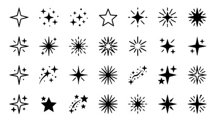 Minimalist black line art vector icon set of various stars and sparkles, elegant designs including simple stars, twinkling stars with dots, burst stars, shooting stars with trails, solid filled stars, © MDSUJON