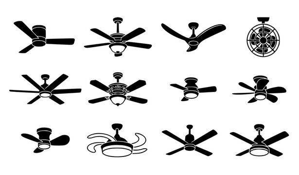 Minimalist black silhouette vector illustration set of ceiling fans and electric fans, various elegant designs including modern simple blades, decorative fans with light, ornate ceiling fans, wall mou