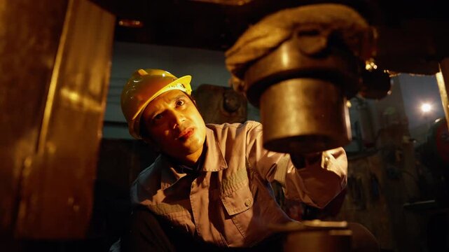 Close-up of industrial technician wearing safety helmet and gloves inspecting machine component inside manufacturing factory. Engineering maintenance, repair, technical inspection, and industrial safe