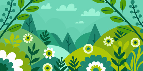 Green landscape vector illustration with stylized hills and floral elements © Rahul
