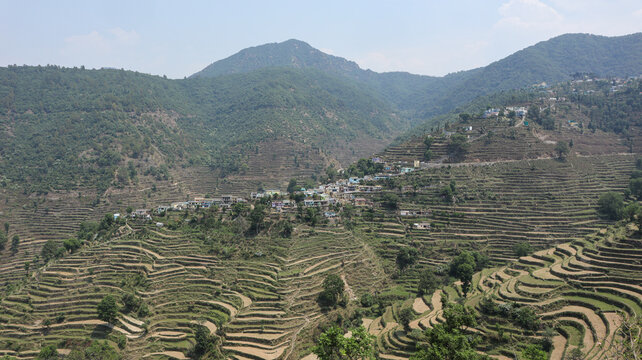 Traditional Pahadi Houses and Terrace Farming in Pauri Garhwal Region of Uttarakhand, India.