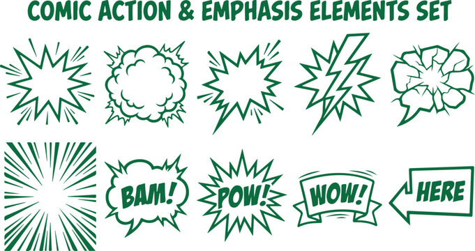 Comic action and emphasis elements set green explosion shapes words bam pow wow and here on transparent background.