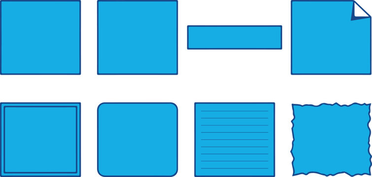 Collection of various blue rectangular and square sticky notes memo paper sheets with rounded corners and lines.