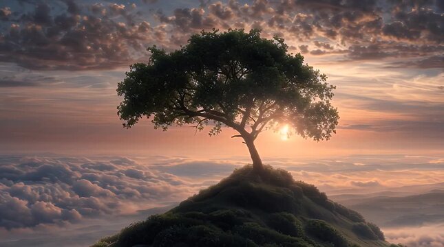 Lone tree on a mountain peak above a sea of clouds at sunset with a premium cinematic steady cam glide for motivational brand marketing