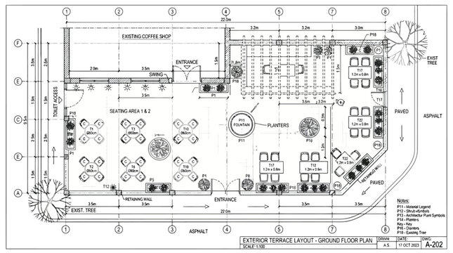 Exterior terraced layout ground floor plan for an existing coffee shop with landscaping and seating exterior layout