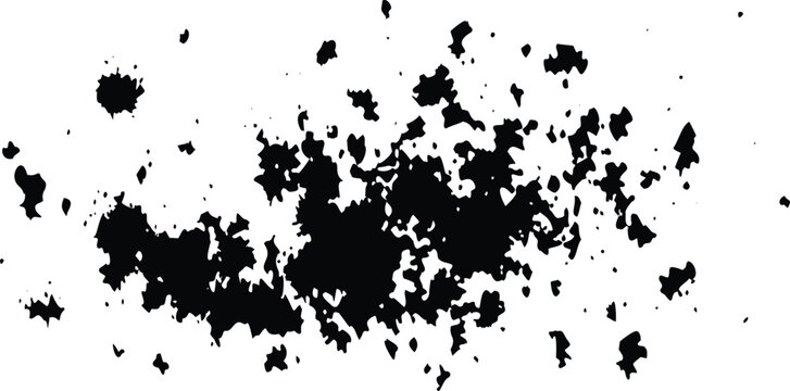 A collection of irregular black ink splatters creating a grunge effect on a clean white surface