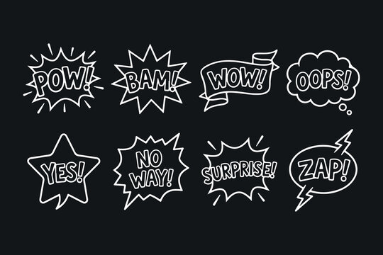 Set of comic book style speech bubbles with words like pow bam wow oops yes surprise zap.