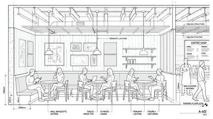 Fototapeta premium Interior perspective drawing of a contemporary coffee shop with patrons enjoying the space coffee shop interior