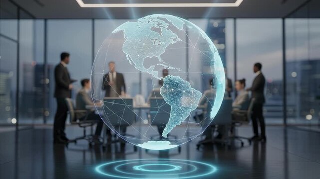 Global business meeting with digital world map hologram in modern office teamwork concept