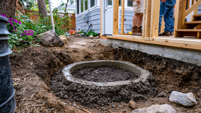 Basement egress window well surrounded by freshly poured concrete footer, framing crew erecting first wall section nearby, lower level renovation photographed at foundation stage in residential fini