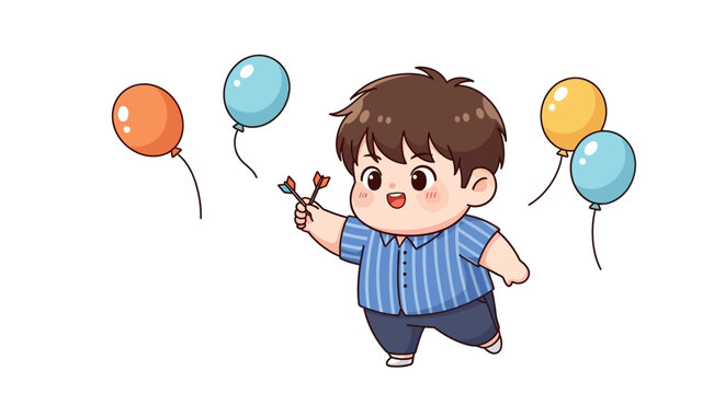 Happy cartoon boy holding balloon strings joyfully outdoors.