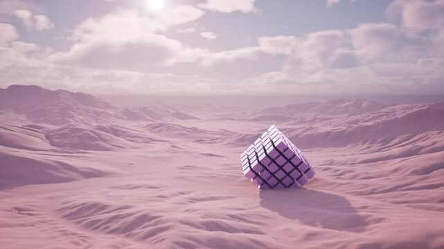3d render landscape, cubes Silent sandy hill with distant shadow. Vast pink sand array with gentle evening lighting effects. Serene imagery of soft colored dunes that extend into horizon under fading