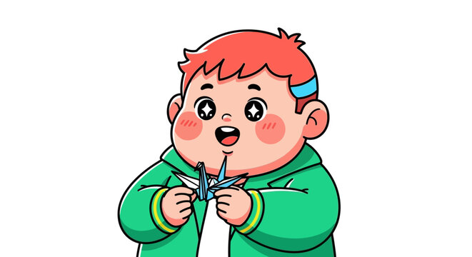 Cute Cartoon Boy Zipping Up His Green Jacket Happily.