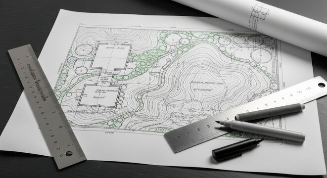 Landscape design plan, architectural drawing tools, gardening blueprint