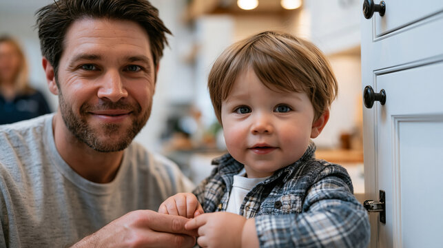 Father at eye level with toddler demonstrating how childproof cabinet latch releases safely, kitchen remodel safety features highlighted during parent education moment in bright family home with ped