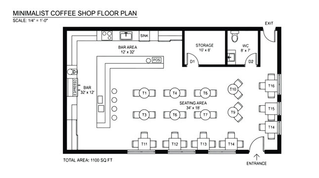 Minimalist Coffee Shop Floor Plan With Bar Seating And Tables layout architectural drawing