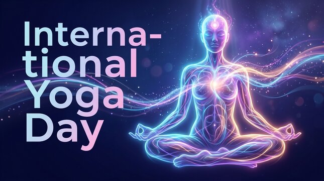 "International Yoga Day" in large semi-transparent pastel gradient (pale blue to pink) that harmonizes with the light ribbons.