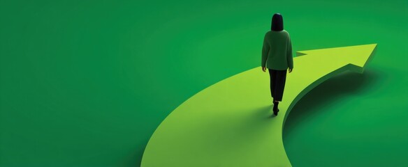 Obraz premium Woman strides along a winding road toward a green arrow embodying career advancement and hope.