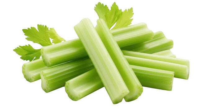 A pile of fresh green celery stalks and leaves isolated on a solid black background, for culinary and, healthy food concepts