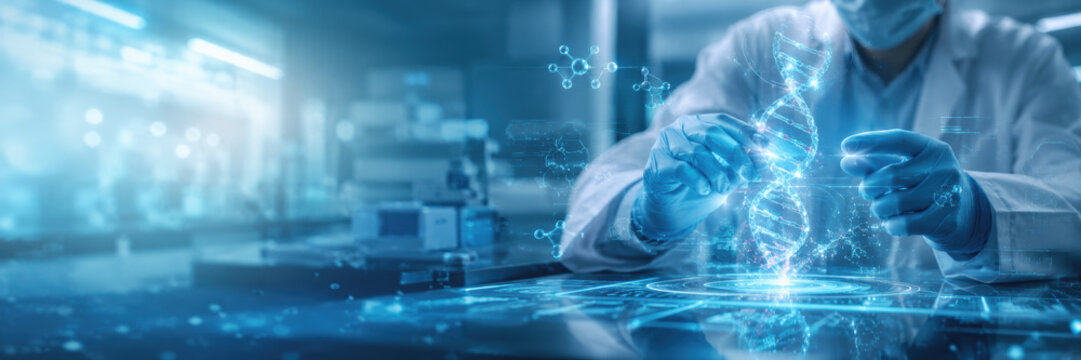 Modern life sciences laboratory with digital biotech data interface
