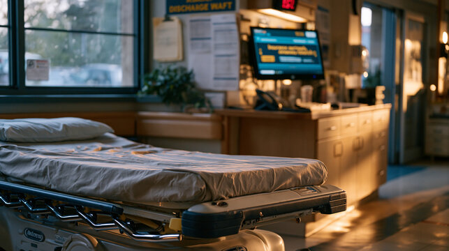Hospital corridor aftermath moment shows empty gurney beside window, discharge paperwork clipped to wall chart, summer afternoon sunlight crossing linoleum floor as administrative coordinator review