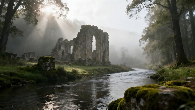 Ancient ruins by a misty river