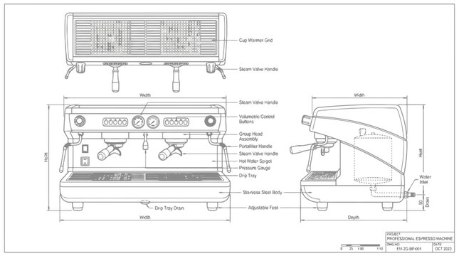 Professional Espresso Machine Technical Drawing with Labels sketch 202605241110