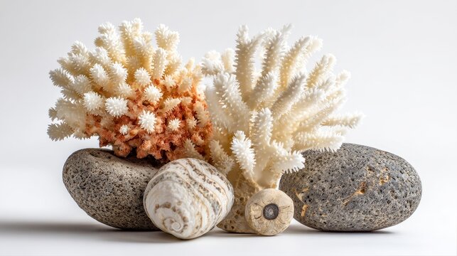 Fresh sea coral and a small stone isolated on a white background, representing ocean life and the connection between biotic and abiotic elements.