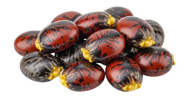 A pile of raw castor oil seeds with mottled red, brown, and black patterns isolated on a solid black background, close-up studio shot