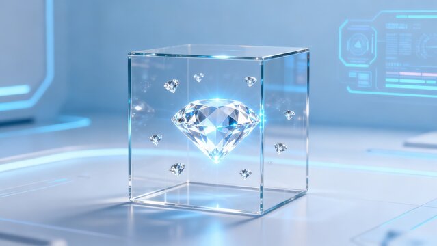 Diamond in glass cube with glowing elements