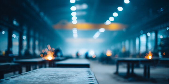 Empty industrial factory interior with tables